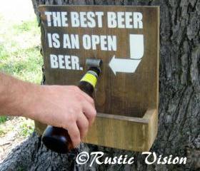 Wood Sign with Beer Bottle Opener and Cap Catch